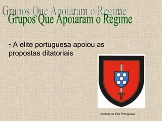 Grupos Que Apoiaram o Regime A elite portuguesa apoiou as propostas ditatoriais Símbolo da Elite Portuguesa 