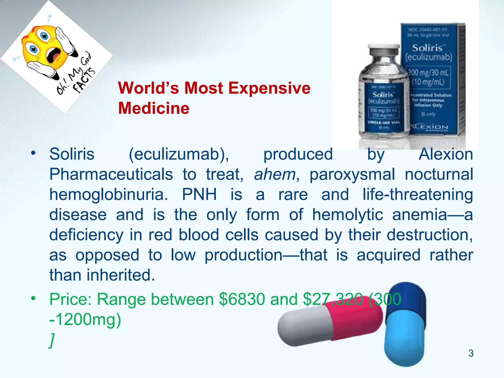 3
• Soliris (eculizumab), produced by Alexion
Pharmaceuticals to treat, ahem, paroxysmal nocturnal
hemoglobinuria. PNH is a rare and life-threatening
disease and is the only form of hemolytic anemia—a
deficiency in red blood cells caused by their destruction,
as opposed to low production—that is acquired rather
than inherited.
• Price: Range between $6830 and $27,320 (300
-1200mg)
]
World’s Most Expensive
Medicine
 