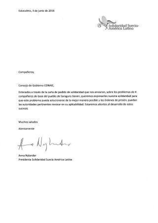 Carta de Solidaridad Suecia América Latina con pueblo Saraguro