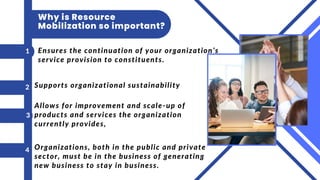 Ensures the continuation of your organization’s
service provision to constituents.
Supports organizational sustainability
Allows for improvement and scale-up of
products and services the organization
currently provides,
1
2
3
Why is Resource
Mobilization so important?
4 Organizations, both in the public and private
sector, must be in the business of generating
new business to stay in business.
 