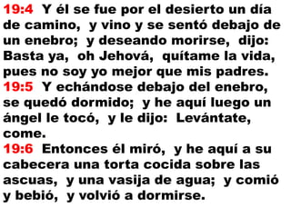 19:4 Y él se fue por el desierto un día
de camino, y vino y se sentó debajo de
un enebro; y deseando morirse, dijo:
Basta ya, oh Jehová, quítame la vida,
pues no soy yo mejor que mis padres.
19:5 Y echándose debajo del enebro,
se quedó dormido; y he aquí luego un
ángel le tocó, y le dijo: Levántate,
come.
19:6 Entonces él miró, y he aquí a su
cabecera una torta cocida sobre las
ascuas, y una vasija de agua; y comió
y bebió, y volvió a dormirse.
 