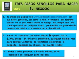 TRES PASOS SENCILLOS PARA HACER
                  EL NEGOCIO
1. Te afilias a la pagina web www.saldogratisporsiempre.com con
   tus datos generales, así como el núm. Y compañía del teléfono
   celular en el que desea recibir la recarga de tiempo aire, una
   cuenta personal de cualquier banco , para recibir tus ganancias de
   manera electrónica y el nombre de un beneficiario.


2. Haces un consumo cada mes desde $93 pesos hasta
   $1,000 pesos , en una sola exhibición, cualquier día del mes
   para calificar , a través de transfería electrónica o
   deposito bancario en el núm. de cuenta HSBC

3. Invitas a otras personas a hacer lo mismo , en tu
    localidad o en cualquier parte del país.
                                                                  18
 