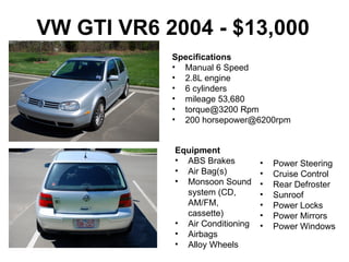 VW GTI VR6 2004 - $13,000 Specifications Manual 6 Speed 2.8L engine 6 cylinders mileage 53,680 torque@3200 Rpm 200 horsepower@6200rpm Equipment ABS Brakes Air Bag(s) Monsoon Sound system (CD, AM/FM, cassette) Air Conditioning Airbags Alloy Wheels Power Steering Cruise Control Rear Defroster Sunroof Power Locks Power Mirrors Power Windows 