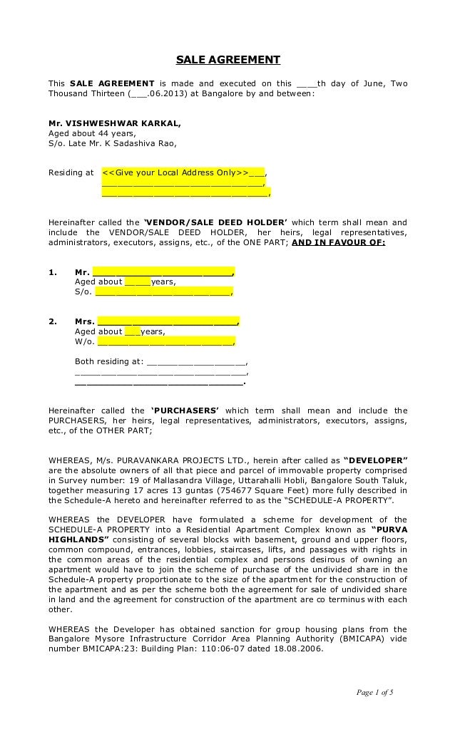 sale agreement draft vishweshwar karkal g 1001 1 sale agreement format for flat
