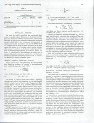 The Long-Term Impact of Promofion and Advertising                                                                                              251

                                 Table 1
                    SUMMARY OF HYPOTHESES                                     (3)

                                      Impact on
                                 Consumer Sensitivity to                      where
                                                                 Nonloyal
Long Term                            Price        Non-price      Segment             K^ = share of the sth .segment. 0 <'K^< .Zn^= 1 and
tmpact of                Price     Pmmotions      Promotion.^      Size             P*^^, = probability that household h in segment s buys brand i at
Advenising                                                                                 time t.
Price Promotions
Non-price Promotions                                                            The segment-level choice probability is a logit model:

   •This effect is expected to be positive for loyal consumers and negative
                                                                              (4)
for nonloyal consumers.


                                                                              where Pojo^ and p^^ are segment-specific parameters esti-
                     MODELING APPROACH                                        mated for each quarter q.
                                                                                 Although the marketing response pimimeters, [i^^, are not
   We begin by briefly describing the multinomial logit
                                                                              brand specific within a segment, the net effect ot the mar-
model we used to capture the impact of short-tenn (weekly)
                                                                              keting activity of a hrand is a convex comhination of seg-
price and promotion activities on consumers" brand choice
                                                                              ment-level response parameters. The weights in this convex
behavior. We then extend this model to a segment-level logit
                                                                              combination depend on within-segment brand shares, which
model, which allows for consumer heterogeneity in
                                                                              typically differ substantially across brands and segments
response parameters (Kamakura and Russell 1989), Next,
                                                                              (Kamakura and Russell 1989). This approach allows for
we suggest that the slope or llrst derivative of the logit
                                                                              hrand-specit'ic responses and consumer heterogeneity with-
model with respect to, for example, price is a better measure
                                                                              out making the number of model parameters very large. In
of consumers' sensitivity to short-term marketing activities
                                                                              our application, estimating brand-specific response parame-
than are the response parameters or elasticities. This is fol-
                                                                              ters does not provide better fit or insigbts.
lowed by a discussion of the distributed lag model used to
capture changes in consumers' sensitivities over time as a                       When the segment-level logit parameters and segment
function of quarterly marketing activities such as advertis-                  sizes are estimated, we can obtain a household's posterior
ing. Finally, we discuss estimation issues.                                   probability (Wqjj) of belonging to a segment s in quarter q by
                                                                              Bayes' rule:
Modeling Consumers' Brand Choice Behavior
                                                                              (5)
   Single-Jiegment logit. The probability that household h
buys brand i at occasion t is captured by the multinomial
logil model (Guadagni and Little 198.^):                                      where L^^'is, the likelihood of household h's purchase history
                                                                              given that it belongs to segment s in quarter q.
(I)
                                                                              A Measure of Consumers' Sensitivities to Short-Term
                                                                              Marketing Activities
where the deterministic part of the utility is                                    The segment specific parameters, (J, represent consumers'
(2)                   V,f = p , .                                             response to weekly price and promotion activities of hrands.
                                                                              We could use these parameters, which vary over time (quar-
   The vector X^, includes short-term (weekly) marketing                      ters), to capture changes in consumers' sensitivities to short-
variables such as price and promotion, as well as household-                  term marketing activities. However, logit models pose a spe-
specific variables such as brand loyalty. The parameter p^j is                cial problem because the logit parameters arc identified only
a brand-specific constant, and p is a vector of parameters for                up to a scale constant (Ben-Akiva and Lerman 1985). This
variables X;',. One ot our key objectives bere is to test explic-             scale constant is inversely proportional to the variance of the
itly whether consumers' sensitivities to short-term market-                   error in the utility function. Therefore, comparison of p
ing activities (which are a function of P parameters) change                  parameters across time or models is not desirable because
over time and if these changes are correlated with marketing                  the comparison is confounded by the error variances {Swait
activity such as advertising over the long run. Because some                  and Louviere 1993).
long-term marketing variables are reported (at least in our                       It is possible to use elasticities instead of mt)del parame-
data set) on a quarterly basis, we estimate (i for each quarter               ters as measures of consumers' sensitivities to short-term
q, This is consistent with previous research (e.g., Moore and                 marketing variables. Unlike the elasticities in multiplicative
Winer 1987) and the managerial judgment of the company                        models (Krishnamurthi and Raj 198,^). the elasticities in log-
that provided us the data. (In the Estimation .section, we pro-               it tiiodels are scaled by brand choice probabilities. This scal-
vide more details about the choice of a quarter as the time                   ing implies thai low-share brands will tend to have high
period of analysis.)                                                          elasticities, though consumers are not necessarily more re-
    Multiple-segmt-nt logit. We allow lor consumer hetero-                    sponsive to the marketing aciions of stiiall-sharc brands
geneity in response parameters by using segment-level logit                   {Guadagni and Little 1983). Scaling also introduces asym-
models. Instead of specifying these segments a priori, we                     metry into cross-elasticities, even though there might he no
use the latent class or mixture modeling approach advocat-                    underiying asymmetry in consumer respon.se (Russell,
ed by Katnakura and Russcil (1989):                                           Bucklin, and Srinivasan 1993).
 