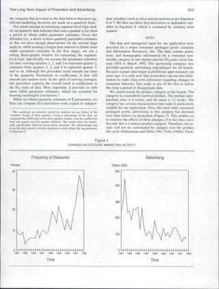 The Long-Term Impact of Promotion and Advertising                                                                                                     253

[he company that provided us the data believe that most sig-                   dent variables (such as price and promotion) as per Equation
nificant marketing decisions are made on a quarterly basis.                    6 or 7. We then use these first derivatives as dependent vari-
   Our initial attempt at estimating .segment-level logit mod-                 ables in Equation 8. which is estimated by ordinary least
els on quarterly data indicates that even a quarter is too short               squares.
a period to obtain stable parameter estimates. Given this
dilemma (i.e., a desire lo have quarterly parameter estimates                                                      DATA
so that we have enough observations for the second stage                          The data and managerial input for our application were
analysis, while needing a longer time interval to obtain more                  provided by a major consumer packaged goods company
stable parameter estimates in the first stage), we use a                       and Information Resources, Inc. The data contain panel,
rolling three-quarter window for estimating the segment-                       store, and demographic infonnation for a consumer non-
level logit. Specifically, we assume the parameter estimates                   durahle category in one market area for 8 ^ years, from Jan-
for data covering quarters 1, 2, and 3 to represent quarter 2.                 uary 1984 to March 1992. The spon.soring company also
estimates from quarters 2, 3, and 4 to represent quarter 3,                    provided quarterly advertising expenditures for all brands.
and so on. Although this procedure could smooth out some                       Because scanner data began to proliferate approximately ten
of the quarterly fluctuations in coetficients, it also will                    years ago, it is only now tbat researchers can use this infor-
smooth out random error. In the spirit of moving averages,                     mation to make long-term inferences regarding changes in
this prtKcdure captures the overall trend in coefficients in                   consumer behavior. Our study is one of the llrst to utilize
the 8!^ years of data. More important, it provides us with                     this long a period of disaggregate data.
more stable parameter estimates, which are essential for
                                                                                  We cannot reveal the product category or the brands. The
drawing meaningful conclusions.^
                                                                               category is a household nonfood product. The median inter-
   When we obtain quarterly estimates of p parameters, we                      purchase time is 6 weeks, and the mean is 12 weeks. The
then can compute tlrst derivatives with respeet to indepen-                    category has several characteristics that make it particularly
                                                                               suitable for our application. First, like most other consumer
   'We conducted an oilcnsive sensiliviiy unalysis fur our choice of the       packaged goods, advertising in this category bas declined
"window" length of ihree quarters. Using a sub-sample of Ihc data, we          over time relative to promotion (Figure 1). This enahles us
compared ihe coctTicicnls of the three quiirter window wilh the coefficients   to examine the effecis of these changes, if in fact they exist.
from one-quarter and five-quancr windows. The results were not slatisti-
caliy significanlly diflerent acrt)ss thtrsc scenarios. We acknowledge that    Second, this is a mature product category. Therefore, our re-
using the three-quarter window parameters could inflaie the lag parameter      sults will not be confounded by changes over the product
in fy.]u;itinn 8.                                                              life cycle (Sethuraman and Tellis 1991; Tellis 1988b). Final-

                                                                          Rgure 1
                                                  CHANGES IN CATEGORY MARKETING ACTIVITY



                   Frequency of Discounts                                                                          Advertising
 Percent                                                                            Dollars (000)

  40                                                                                  500




  30




                                                                                      200 •



  10
                                                                                      100



   0 I IIIII IIIM IIIIII                    I II1IIMM I                                  0
    1984   1985   1986    1987   1988   1989    1990   1991   1992                       1984       1985   1986   1987   1988   1989   1990   1991   1992

                                 Time                                                                                    Time
 