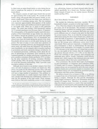 254                                                                                      JOURNAL OF MARKETING RESEARCH, MAY 1997

ly, there were no major brand entries or exits during the pe-                            (e.g., advertising, feature) are brand oriented rather than de-
riod to complicate the analysis of advertising and promo-                                signed specifically for a brand size. Previous studies use
tional effects.                                                                          brand, instead of brand size, for similar reasons (Krishna-
   The category consists of eight major brands that account                              murthi and Raj 1991).
for approximately 85% of the market. We consider all other
brands, along with private-label and generic brands, to con-                                                         VARIABLES
stitute a ninth brand. There are four major sizes, and there is                          Short-Term (Weekly) Variables
a great deal of switching among sizes. The two medium
sizes repre.sent appro.ximately three-quarters of the market                                We include the following short-term variables X^, (for
share, and the largest and smallest account for approximate-                             household h, brand i, occasion t) in the logit model.
ly one-eighth each. There are 11 stores in this particular                                  Price. Price for a brand is the actual shelf price in dollars
market. The panel data include l.'i90 households making                                  per ounce, net of all discounts. The existence of multiple
54,731 product purchases over 8!^ years, that is. 33 quarters.                           brand sizes poses a problem for creating a price variable tor
The demographics of the panelists roughly match the demo-                                competing brands. We use mininwm shelf price per ounce
graphics of the United States on age, family size, education,                            across different sizes of a brand as the price for that brand
and children; though the panelists in our study had slightly                             for several reasons. First, in our data the average unit price
higher incomes. Approximately 92% of households pur-                                     differential among the three largest brand sizes, which con-
chased more than one brand during the period of the study.                               stitute the bulk of purchases, is approximately 3%. Second,
Households did not enter or exit the panel during the study                              the average price differences across brands are far greater
period. The lack of entry or exit could raise questions of                               than are the average price differences across sizes of the
maturation or mortality, however, any disaggregate long-du-                              same brand. Third, and most important, a weigbted average
ration study will suffer from this limitation/' By having the                            price fonnulation is likely to underestimate the true price
same households, we are uniquely able to monitor exposure                                variation in the marketplace. For example, if a retailer offers
to promotions and track concurrent changes in behavior. As                               a 15% discount on the largest size of a brand that accounts
we mentioned previously, conflicting results about the im-                               for, say, one-eighth of the volume, then the weighted aver-
pact of advertising on consumers" price sensitivity can be                               age percent discount will be (.15 x 1/8). or less than 2%.
explained partially by whether advertising is attracting new                             Given size switching in this category, such averaging will
price-sensitive consumers {Eskin and Baron 1977) or reduc-                               understate price effects. Fourth, consumers swiich heavily
ing the price sensitivity of existing consumers (Krishna-                                among sizes, which suggests that minimum price per ounce
murthi and Raj 1985). By having a fixed set of households,                               more accurately reflects their price search behavior
we avoid this potential confounding. Table 2 provides some                                  Price promotions. We classify three types of promotions
descriptive statistics of the data.                                                      as price promotions: (!) temporary price reduction (TPR),
                                                                                         (2) feature, and (3) coupon. Temporary price reduction and
   Although most brands in our product category have four
                                                                                         coupons always are accompanied by price di.scounts and are
sizes, our unit of analysis is a brand, not brand size. This
                                                                                         therefore clearly price-promotion signals to consumers. Fea-
cboice was made for tbe following reasons: First, with nine
                                                                                         tures almost always are accompanied by prominent pricing
brands and four sizes, even a single-segment logit model
                                                                                         information with Mttle product information.
will have a large number of parameters. This problem in-
creases dramatically in a multi-segment logit tnndel. Sec-                                  We define a brand to be on feature or TPR, or as offering
ond, a model witb 36 br:ind-size combinations is likely to vi-                           a coupon if any size of that brand is on feature or TPR or of-
olate the UA property of the logit model. Third, manage-                                 fering a coupon. Although the data provide infonnation
ment believes that most marketing actions in this category                               about coupon redcmpti<m. there is no infonnation about tbe
                                                                                         recency of coupon drop. Therefore, we assume a coupon
                                                                                         drop for a brand occurred in a week if the total number of
  ^tn the spirit of cohort analysis, we checked our data to sec il" the per-
centage of purchases on discounl or brand switching for three dilfcrcnt age              redemptions for that brand by all households in the panel da-
groups of panelists dilTered over time. We found no sigaificant dillerences.             ta exceed one standard deviation higher than the average

                                                                          Table 2
                                                       DESCRIPTIVE STATISTICS OF THE DATA

             Market                  Price              Advertising
             Share                (S/oumes)               ($000)                     TFR'                Feature             [hsptuv            Coupon
Brand     1984     199}         }9!i4    }99}          }984     /yy/                 I      }99}       t984    }99}       }984     }99I      }984     }99I

1         .38       .38          .057     .060         393       128           .27          .55         .04    .09         .08     .19        .07      .10
2         .07       .10          .054     .059         142        30           .12          .40         .07    .03         .05     .14        .12      .04
3         .19       .13          .057     .063         225        57           .12          .43         .01    .04         .00     .12        .14      .04
4         .04       .10          .052     .056         144         0           .10          .54         .01    .04         .04     .19        .00      .04
5         .08       .07          .057     .062         278        44           .08          .42         .00    .05         .02     .15        .05      .15
6         .09       .06          .049      049           0         0           .03          .15         .00    .01         .02     .05        .14      .04
7         .04       .03          .029     .0.34          0         0           .04          .08         .00    .01         .00     .02        .25      .06
8         .00       .04          .061     .054           0         0           .08          .28         .00    .02         .00     .05        ,00      .42
9         .11       .10          .024     .030           0         0           .18          .21         .01    .01         .02     .06        .06      .04
   'TPR (temporary price reduction). Feature. Display, and Coupon variabtes rcpresetit ttie proponioti of times the category was discounted, featured, dis-
played, or couponed in that year.                                                                                                   i
 