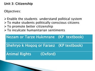 Unit 3: Citizenship
Objectives:
Enable the students understand political system
To make students politically conscious citizens
To promote better citizenship
To inculcate humanitarian sentiments
Nezam or Tarze Hukmrane (KP textbook)
Shehryo k Hoqoq or Faraez (KP textbook)
Animal Rights (Oxford)
 