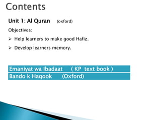 Emaniyat wa Ibadaat ( KP text book )
Bando k Haqook (Oxford)
Unit 1: Al Quran (oxford)
Objectives:
 Help learners to make good Hafiz.
 Develop learners memory.
 