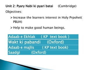 Adaab e Ekhlak ( KP text book )
Wakt ki pabandi (Oxford)
Adaab e majlis ( KP text book)
Saadgi (Oxford)
Unit 2: Pyary Nabi ki pyari batai (Cambridge)
Objectives:
Increase the learners interest in Holy Prpohet(
PBUH)
Help to make good human beings.
 