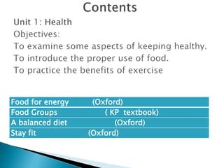 Food for energy (Oxford)
Food Groups ( KP textbook)
A balanced diet (Oxford)
Stay fit (Oxford)
 