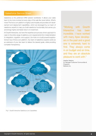 Salesforce Service Sheet
Salesforce is the preferred CRM solution worldwide. It allows your sales
team to be more involved at every step of the sale like never before. What’s
more! The force.com platform is highly customizable and provides rich devel-
opment and deployment capabilities, which are leveraged by our team of
salesforce experts to help you build salesforce functionality that serves you                                “Working with Grazitti
and brings higher and faster return on investment.
                                                                                                             Interactive has been
At Grazitti Interactive, we have the expertise and process driven approach to
cater to the entire range of saleforce.com requirements from implementation
                                                                                                             incredible. I have worked
to integration, migration, and support. Our forte is to build powerful applica-                              with many Apex develop-
tionson top of force.com platform. Our team of salesforce experts works as                                   ers in the past and a good
an extension of your dev team to deliver the desired goals, while providing
complete transparency.                                                                                       one is extremely hard to
                                                                                                             find. They always come
                                                                                                             in on budget and on time,
    Customization
                                                                                                             and they are an absolute
                             Functional
                              Technical
                                                                                                             pleasure to work with.”
                                                                            Development                      Heather Watkins,
                                                                                                             Sr. Manager Customer Communities &
                                                                                                             Programs,
                                                                                                             Marketo Inc.
                                                                    Extending
                                                          Salesforce CRM, Developing
                                                        other Cloud Apps using force.com,
                                                              Apex, Visualforce, etc
                       Migration




                      Quick Books, Microsoft                        Integration
                     Dynamics CRM, NetSuite,
                    GoldMine, Sage SalesLogix,
                      Bespoke Systems, and                                  On-Premise Apps:
                        Excel Spreadsheets.                              ERP,Databases,Legacy
                                                                      Systems, Websites, Accounting,
                                                                    Inventory, Order Management, Data
                                                                    Warehouse, Flat files, Xml files, etc.
                                                                        External Cloud Services:
                                                                      Amazon Web Services,Google
                                                                              AppEngine, etc.
                             Other Services




                                              Consulting Services
                                               End-user Training
                                                Adminstration




   Fig.1: Grazitti Interactive Salesforce.com Capabilities




Copyright © Grazitti Interactive. All rights reserved.                                                                                            2
 