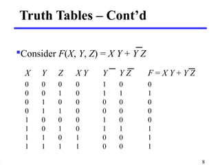 Truth Tables – Cont’d 
Consider F(X, Y, Z) = X Y + Y Z 
X Y Z X Y Y Y Z F = X Y + Y Z 
0 0 0 0 1 0 0 
0 0 1 0 1 1 1 
0 1 0 0 0 0 0 
0 1 1 0 0 0 0 
1 0 0 0 1 0 0 
1 0 1 0 1 1 1 
1 1 0 1 0 0 1 
1 1 1 1 0 0 1 
8 
 