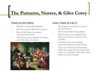 The Putnams, Nurses, & Giles Corey THIS IS FICTION: Daughter is named Ruth Putnam. Ruth was the only child of 8 to survive. Both of the Nurses were deeply respected and revered. Giles Corey was executed for refusing to reveal the name of a witness. AND THIS IS FACT: The daughter’s real name is Ann, just like her mother’s. The Putnams had 6 living children . Rebecca Nurse was considered least likely to be a witch – she was seen as saint-like. The Nurses were not extremely respected because they owed money. Corey was accused of witchcraft and didn’t enter a plea. He was pressed with stones in an attempt to force him to plea either way, but he refused. 