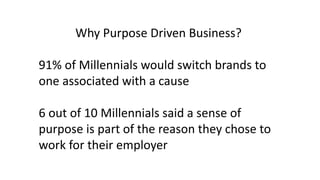 Why Purpose Driven Business?
91% of Millennials would switch brands to
one associated with a cause
6 out of 10 Millennials said a sense of
purpose is part of the reason they chose to
work for their employer
 