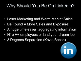 LinkedIn… Professional Connections

         •   Complete profile
         •   Add connections 100+
         •   Get recom...