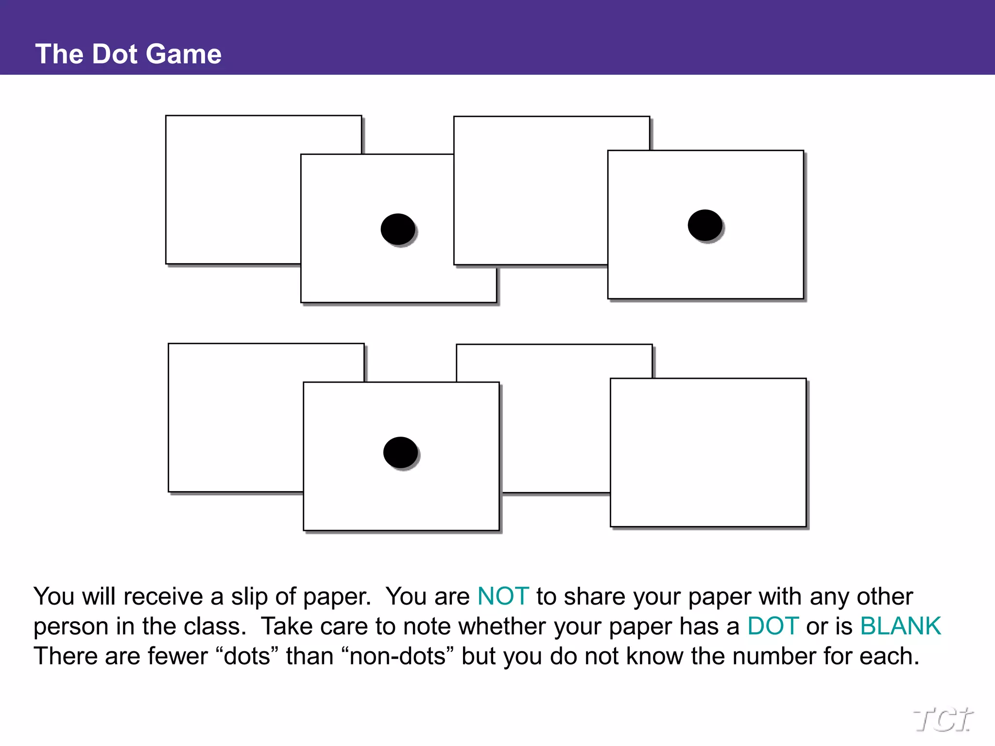 The Dot GameYou will receive a slip of paper.  You areNOTto share your paper with any other person in the class.  Take care to note whether your paper has aDOTor isBLANK.  There are fewer “dots” than “non-dots” but you do not know the number for each.
