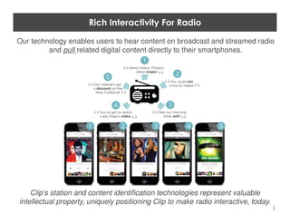 Rich Interactivity For Radio 
Our technology enables users to hear content on broadcast and streamed radio 
5 
and pull related digital content directly to their smartphones. 
Clip’s station and content identification technologies represent valuable 
intellectual property, uniquely positioning Clip to make radio interactive, today. 
 