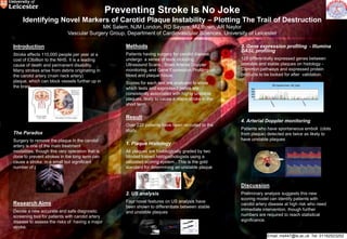 Preventing Stroke Is No Joke Identifying Novel Markers of Carotid Plaque Instability – Plotting The Trail of Destruction MK Salem, NJM London, RD Sayers, MJ Bown, AR Naylor Vascular Surgery Group, Department of Cardiovascular Sciences, University of Leicester Introduction Stroke affects 110,000 people per year at a cost of £3billion to the NHS.It is a leading cause of death and permanent disability.Many strokes arise from debris originating in the carotid artery (main neck artery) plaque, which can block vessels further up in the brain The Paradox Surgery to remove the plaque in the carotid artery is one of the main treatment modalities,though this very operation that is done to prevent strokes in the long term can cause a stroke  in a small but significant number of patients Research Aims Devise a new accurate and safe diagnostic screening tool for patients with carotid artery disease to assess the risks of  having a major stroke.  Methods Patients having surgery for carotid disease  undergo  a series of tests including Ultrasound Scans,  Brain Arterial Doppler monitoring, and Gene Expression Profiling on blood and plaque tissue. Scores for each test are analysed to show which tests and expressed genes are consistently associated with highly unstable plaques, likely to cause a major stroke in the short term Result Over 220 patients have been recruited to the study.  1. Plaque Histology  All plaques are histologically graded by two blinded trained histopathologists using a validated scoring system.. This is the gold standard for determining an unstable plaque 2. US analysis  Four novel features on US analysis have been shown to differentiate between stable and unstable plaques 3. Gene expression profiling  - Illumina DASL profiling 128 differentially expressed genes between unstable and stable plaques on histology -  Common pathways and expressed protein products to be looked for after  validation. 4. Arterial Doppler monitoring  Patients who have spontaneous emboli  (clots from plaque) detected are twice as likely to have unstable plaques Discussion Preliminary analysis suggests this new scoring model can identify patients with carotid artery disease at high risk who need immediate intervention, though further numbers are required to reach statistical significance.  Email: ms447@le.ac.uk  Tel: 01162523252 