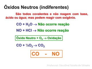 Óxidos Neutros (indiferentes)
São todos covalentes e não reagem com base,
ácido ou água; mas podem reagir com oxigênio.
CO + H2O  Não ocorre reação
NO + HCl  Não ocorre reação
Óxido Neutro + O2  Oxidação
CO + ½O2  CO2
CO - NO
Professor: Claudinei Osorio de Oliveira
 