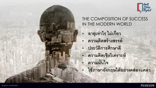 THE COMPOSITION OF SUCCESS
IN THE MODERN WORLD
• อายุเท่าไร ไม่เกี่ยว
• ความคิดสร้างสรรค์
• ประวัติการศึกษาดี
• ความคิดเชิงวิเคราะห์
• ความมั่นใจ
• ใช้ภาษาอังกฤษได้อย่างคล่องแคล่ว
 