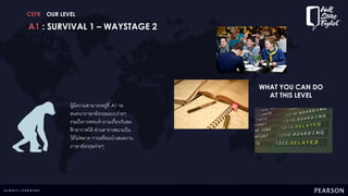 CEFR
A1 : SURVIVAL 1 – WAYSTAGE 2
OUR LEVEL
ผู้มีความสามารถอยู่ที่ A1 จะ
สนทนาภาษาอังกฤษแบบง่ายๆ
รวมถึงการตอบคาถามเกี่ยวกับลม
ฟ้ าอากาศได้ อ่านตารางสนามบิน
ได้ไม่พลาด การเตรียมนาเสนองาน
ภาษาอังกฤษง่ายๆ
WHAT YOU CAN DO
AT THIS LEVEL
 