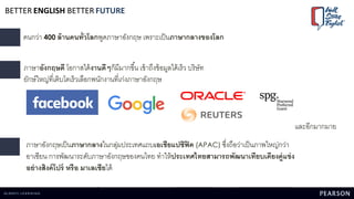คนกว่า 400 ล้านคนทั่วโลกพูดภาษาอังกฤษ เพราะเป็นภาษากลางของโลก
ภาษาอังกฤษดี โอกาสได้งานดีๆก็มีมากขึ้น เข้าถึงข้อมูลได้เร็ว บริษัท
ยักษ์ใหญ่ที่เติบโตเร็วเลือกพนักงานที่เก่งภาษาอังกฤษ
และอีกมากมาย
ภาษาอังกฤษเป็นภาษากลางในกลุ่มประเทศแถบเอเชียแปซิฟิค (APAC) ซึ่งถือว่าเป็นภาพใหญ่กว่า
อาเซียน การพัฒนาระดับภาษาอังกฤษของคนไทย ทาให้ประเทศไทยสามารถพัฒนาเทียบเคียงคู่แข่ง
อย่างสิงค์โปร์ หรือ มาเลเซียได้
BETTER ENGLISH BETTER FUTURE
 