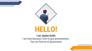 HELLO!
I am Jayden Smith
I am here because I love to give presentations.
You can find me at @username
3
 