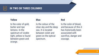 IN TWO OR THREE COLUMNS
Yellow
Is the color of gold,
butter and ripe
lemons. In the
spectrum of visible
light, yellow is found
between green and
orange.
Blue
Is the colour of the
clear sky and the deep
sea. It is located
between violet and
green on the optical
spectrum.
Red
Is the color of blood,
and because of this it
has historically been
associated with
sacrifice, danger and
courage.
9
 
