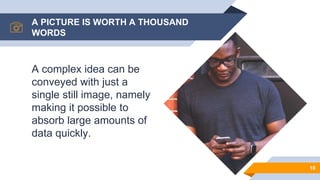 A PICTURE IS WORTH A THOUSAND
WORDS
A complex idea can be
conveyed with just a
single still image, namely
making it possible to
absorb large amounts of
data quickly.
10
 