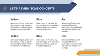 LET’S REVIEW SOME CONCEPTS
Yellow
Is the color of gold, butter and
ripe lemons. In the spectrum
of visible light, yellow is found
between green and orange.
Blue
Is the colour of the clear sky
and the deep sea. It is located
between violet and green on
the optical spectrum.
Red
Is the color of blood, and
because of this it has
historically been associated
with sacrifice, danger and
courage.
18
Yellow
Is the color of gold, butter and
ripe lemons. In the spectrum
of visible light, yellow is found
between green and orange.
Blue
Is the colour of the clear sky
and the deep sea. It is located
between violet and green on
the optical spectrum.
Red
Is the color of blood, and
because of this it has
historically been associated
with sacrifice, danger and
courage.
 