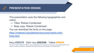 PRESENTATION DESIGN
This presentation uses the following typographies and
colors:
▰ Titles: Roboto Condensed
▰ Body copy: Roboto Condensed
You can download the fonts on this page:
https://material.io/guidelines/resources/roboto-noto-
fonts.html
Navy #3f5378 · Dark navy #263248 · Yellow #ff9800
You don’t need to keep this slide in your presentation. It’s only here to serve you as a design guide if you
need to create new slides or download the fonts to edit the presentation in PowerPoint®
26
 