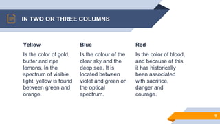 IN TWO OR THREE COLUMNS
Yellow
Is the color of gold,
butter and ripe
lemons. In the
spectrum of visible
light, yellow is found
between green and
orange.
Blue
Is the colour of the
clear sky and the
deep sea. It is
located between
violet and green on
the optical
spectrum.
Red
Is the color of blood,
and because of this
it has historically
been associated
with sacrifice,
danger and
courage.
9
 