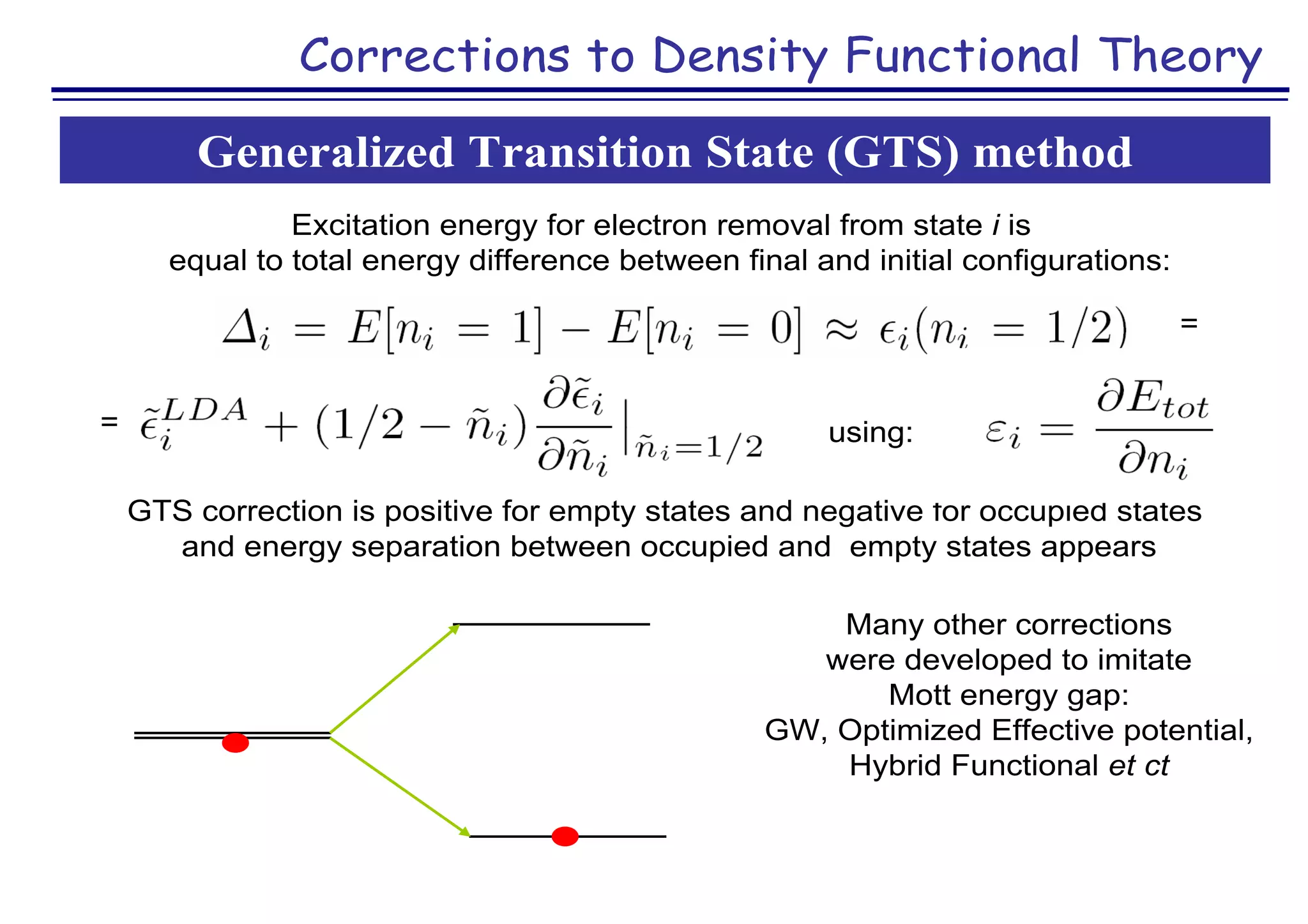 Corrections to Density Functional Theory
Generalized Transition State (GTS) method
Excitation energy for electron removal from state i is
equal to total energy difference between final and initial configurations:
GTS correction is positive for empty states and negative for occupied states
and energy separation between occupied and empty states appears
=
=
Many other corrections
were developed to imitate
Mott energy gap:
GW, Optimized Effective potential,
Hybrid Functional et ct
using:
 