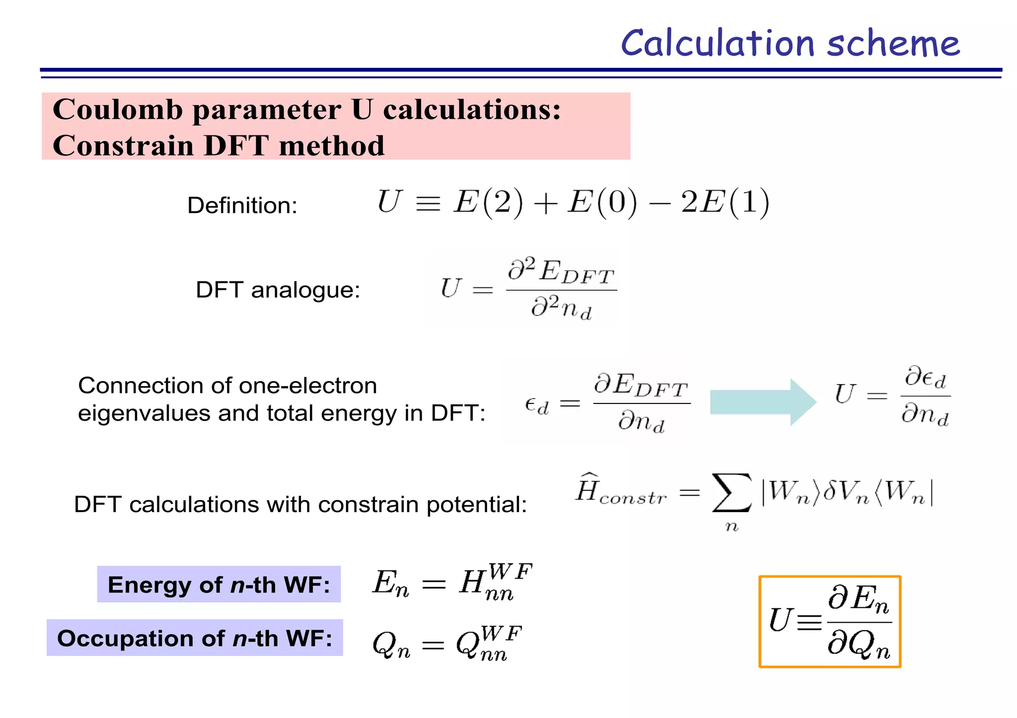 Calculation scheme
Coulomb parameter U calculations:
Constrain DFT method
Definition:
DFT analogue:
Connection of one-electron
eigenvalues and total energy in DFT:
DFT calculations with constrain potential:
Energy of n-th WF:
Occupation of n-th WF:
 