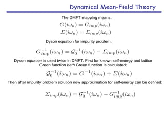 Dynamical Mean-Field Theory
The DMFT mapping means:
Dyson equation for impurity problem:
Dyson equation is used twice in D...