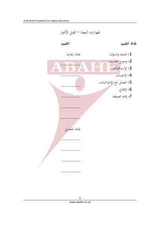 Arab British Academy for Higher Education. 
 
www.abahe.co.uk 
1
‫ات‬‫ر‬‫اﳌﻬﺎ‬‫اﻟﺒﻴﻌﻴﺔ‬–‫ﲤﺜﻴﻞ‬‫ار‬‫و‬‫اﻷد‬
‫ﻧﻘﺎط‬‫اﻟﺘﻘﻴﻴﻢ‬:‫اﻟﺘﻘﻴﻴﻢ‬:
1-‫اﻟﺘﺤﻴﺔ‬‫ال‬‫ﺆ‬‫اﻟﺴ‬‫و‬.
2-‫وﺿﻮح‬‫اﳊﺪﻳﺚ‬. 
3-‫اﻹﺳﺘﻜﺸﺎف‬. 
4-‫اﻹﻧﺼﺎت‬. 
5-‫اﻟﺘﻌﺎﻣﻞ‬‫ﻣﻊ‬‫اﺿﺎت‬‫ﱰ‬‫اﻹﻋ‬. 
6-‫اﻹ‬‫ﻗﻨﺎع‬. 
7-‫إﲤﺎم‬‫اﻟﺼﻔﻘﺔ‬.
 
‫ﻧﻘﺎط‬‫إﳚﺎﺑﻴﺔ‬
---------
---------
---------
---------
---------
---------
‫ﻧﻘﺎط‬‫ﻟﻠﺘﻌﺪﻳﻞ‬
---------
---------
---------
---------
 
 