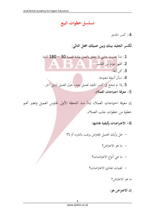 Arab British Academy for Higher Education. 
 
www.abahe.co.uk 
1
‫ﺗﺴﻠﺴﻞ‬‫ﺧﻄﻮات‬‫اﻟﺒﻴﻊ‬
4-‫ﻛﺴﺮ‬‫اﳊﺎﺟﺰ‬
‫ﻟﻜﺴﺮ‬‫اﻟﺠﻠﻴﺪ‬‫ﺑﻴﻨﻚ‬‫وﺑﻴﻦ‬‫ﻋﻤﻴﻠﻚ‬‫ا‬‫ﻓﻌ‬‫ﻞ‬‫اﻟﺘﺎﻟﻲ‬:
1.‫اﺑﺪأ‬‫ﲝﺪﻳﺚ‬‫ﺟﺎﻧﱯ‬‫ﻻ‬‫ﻳﺘﻌﻠﻖ‬‫ﺑﺎﻟﻌﻤﻞ‬‫وﳌﺪة‬‫ﻗﺼﲑة‬30–180‫ﺛﺎﻧﻴﺔ‬.
2.‫أﻇﻬﺮ‬‫ﻣﻮدة‬‫ﻣﻦ‬‫اﻟﻘﻠﺐ‬. 
3.‫ﻛﻦ‬‫ﻟﺒﻘﺎ‬ً. 
4.‫ا‬‫ﺳﺄل‬‫أﺳﺌﻠﺔ‬‫ﻣﻔﺘﻮﺣﺔ‬. 
5.‫إذا‬‫ﱂ‬‫ﺗﻨﺠﺢ‬‫ﰲ‬‫ﻛﺴﺮ‬‫اﳉﻠﻴﺪ‬‫ﻟﻌﻤﻴﻞ‬،‫ﺟﻴﺪ‬‫ﺣﻮل‬‫اﻟﻌﻤﻴﻞ‬‫ﻟﺰﻣﻴﻞ‬‫آﺧﺮ‬. 
5-‫ﻣﻌﺮﻓﺔ‬‫اﺣﺘﻴﺎﺟﺎت‬‫اﻟﻌﻤﻼء‬.
‫إن‬‫ﻣﻌﺮﻓﺔ‬‫اﺣﺘﻴﺎﺟﺎت‬‫اﻟﻌﻤﻼء‬‫ﺗﺒﺪأ‬‫ﻣﻨﺬ‬‫اﻟﻠﺤﻈﺔ‬‫اﻷ‬‫وﱃ‬‫ﳉﻠﻮس‬‫اﻟﻌﻤﻴﻞ‬‫وﺗﻌﺘﱪ‬‫أﻫﻢ‬
‫ﺧﻄﻮة‬‫ﻣﻦ‬‫ات‬‫ﻮ‬‫ﺧﻄ‬‫ﺟﻠﺐ‬‫اﻟﻌﻤﻼء‬.
6-‫اﺿﺎت‬‫ﺮ‬‫اﻻﻋﺘ‬‫ﻛﻴﻔﻴﺔ‬‫و‬‫ﺗﻔﺎدﻳﻬﺎ‬.
-‫ﻫﻞ‬‫أﻳﻚ‬‫ﺮ‬‫ﺑ‬‫اﻟﻌﻤﻴﻞ‬‫اﳌﻌﱰض‬‫ﻳﺮﻏﺐ‬‫اء‬‫ﺮ‬‫ﺑﺎﻟﺸ‬‫أم‬‫ﻻ؟‬
-‫ﻣﺎ‬‫ﻫﻮ‬‫اض؟‬‫ﱰ‬‫اﻻﻋ‬
-‫ﻣﺎ‬‫ﻫﻲ‬‫اع‬‫ﻮ‬‫أﻧ‬‫اﺿﺎت؟‬‫ﱰ‬‫اﻻﻋ‬
-‫ﺗﻘﻨﻴﺎت‬‫ﺗﻔﺎدي‬‫اﺿﺎت؟‬‫ﱰ‬‫اﻻﻋ‬
‫ﻣﺎ‬‫ﻫﻮ‬‫اض؟‬‫ﱰ‬‫اﻻﻋ‬
‫إن‬‫اض‬‫ﺮ‬‫اﻻﻋﺘ‬‫ﻫﻮ‬:
 