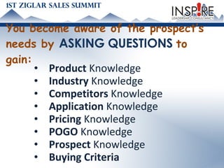 You become aware of the prospect’s needs by  ASKING QUESTIONS  to gain:  Product  Knowledge Industry  Knowledge  Competitors  Knowledge  Application  Knowledge  Pricing  Knowledge POGO  Knowledge Prospect  Knowledge Buying Criteria 
