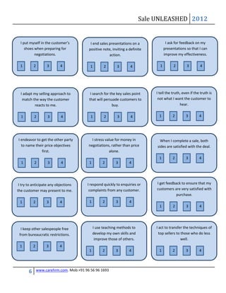 Sale UNLEASHED 2012


  I put myself in the customer’s           I end sales presentations on a             I ask for feedback on my
     shoes when preparing for             positive note, inviting a definite         presentations so that I can
           negotiations.                               action.                       improve my effectiveness.

  1        2        3      4               1        2       3       4            1         2       3         4




  I adapt my selling approach to           I search for the key sales point    I tell the truth, even if the truth is
   match the way the customer             that will persuade customers to       not what I want the customer to
           reacts to me.                                 buy.                                  hear.


  1        2         3      4              1        2       3        4           1        2        3        4




I endeavor to get the other party           I stress value for money in          When I complete a sale, both
  to name their price objectives          negotiations, rather than price      sides are satisfied with the deal.
              first.                                   alone.
                                                                                 1        2        3        4
  1        2         3      4             1        2       3        4




 I try to anticipate any objections      I respond quickly to enquiries or     I get feedback to ensure that my
the customer may present to me.           complaints from any customer.        customers are very satisfied with
                                                                                           purchase.
 1         2        3      4              1        2       3        4
                                                                                 1        2        3        4




  I keep other salespeople free               I use teaching methods to        I act to transfer the techniques of
 from bureaucratic restrictions.              develop my own skills and          top sellers to those who do less
                                               improve those of others.                         well.
 1         2        3      4
                                          1        2       3        4            1        2        3        4




       6       www.carehrm.com. Mob:+91 96 56 96 1693
 