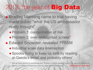 2013: the year of Big Data
►Bradley Manning came to trial having
made public “what the US ambassador
really thought”
● Pro...