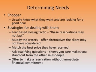 Determining Needs Shopper Usually know what they want and are looking for a good deal Strategies for dealing with them Fear based closing tactic – “these reservations may not last” Muddy the waters – offer alternatives the client may not have considered Match the best price they have received Ask qualifying questions – shows you care makes you stand out from the other salespeople Offer to make a reservation without immediate financial commitment 