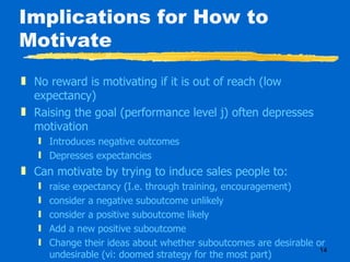 Implications for How to Motivate No reward is motivating if it is out of reach (low expectancy) Raising the goal (performance level j) often depresses motivation Introduces negative outcomes Depresses expectancies Can motivate by trying to induce sales people to: raise expectancy (I.e. through training, encouragement) consider a negative suboutcome unlikely consider a positive suboutcome likely Add a new positive suboutcome Change their ideas about whether suboutcomes are desirable or undesirable (vi: doomed strategy for the most part) 