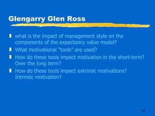 Glengarry Glen Ross what is the impact of management style on the components of the expectancy value model? What motivational “tools” are used? How do these tools impact motivation in the short-term? Over the long term? How do these tools impact extrinsic motivations? Intrinsic motivation? 