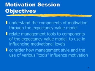 Motivation Session Objectives understand the components of motivation through the expectancy-value model relate management tools to components of the expectancy-value model, to use in influencing motivational levels consider how management style and the use of various “tools” influence motivation 