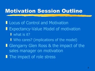 Motivation Session Outline Locus of Control and Motivation Expectancy-Value Model of motivation what is it? Who cares? (implications of the model) Glengarry Glen Ross & the impact of the sales manager on motivation The impact of role stress  