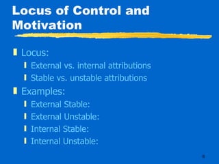 Locus of Control and Motivation Locus:  External vs. internal attributions Stable vs. unstable attributions Examples: External Stable: External Unstable: Internal Stable: Internal Unstable: 