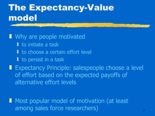 The Expectancy-Value model Why are people motivated to initiate a task to choose a certain effort level to persist in a task Expectancy Principle: salespeople choose a level of effort based on the expected payoffs of alternative effort levels Most popular model of motivation (at least among sales force researchers) 