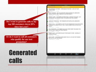 Do I want to generate calls to my
 top 200 customers down 20%
        since last year?



Or do I want to call all customers
    who qualify for our tool
          promotion?




   Generated
   calls
 