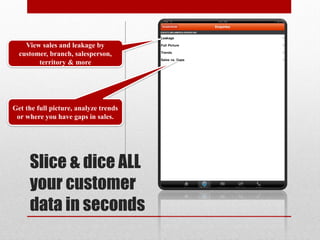 View sales and leakage by
  customer, branch, salesperson,
        territory & more




Get the full picture, analyze trends
 or where you have gaps in sales.




     Slice & dice ALL
     your customer
     data in seconds
 